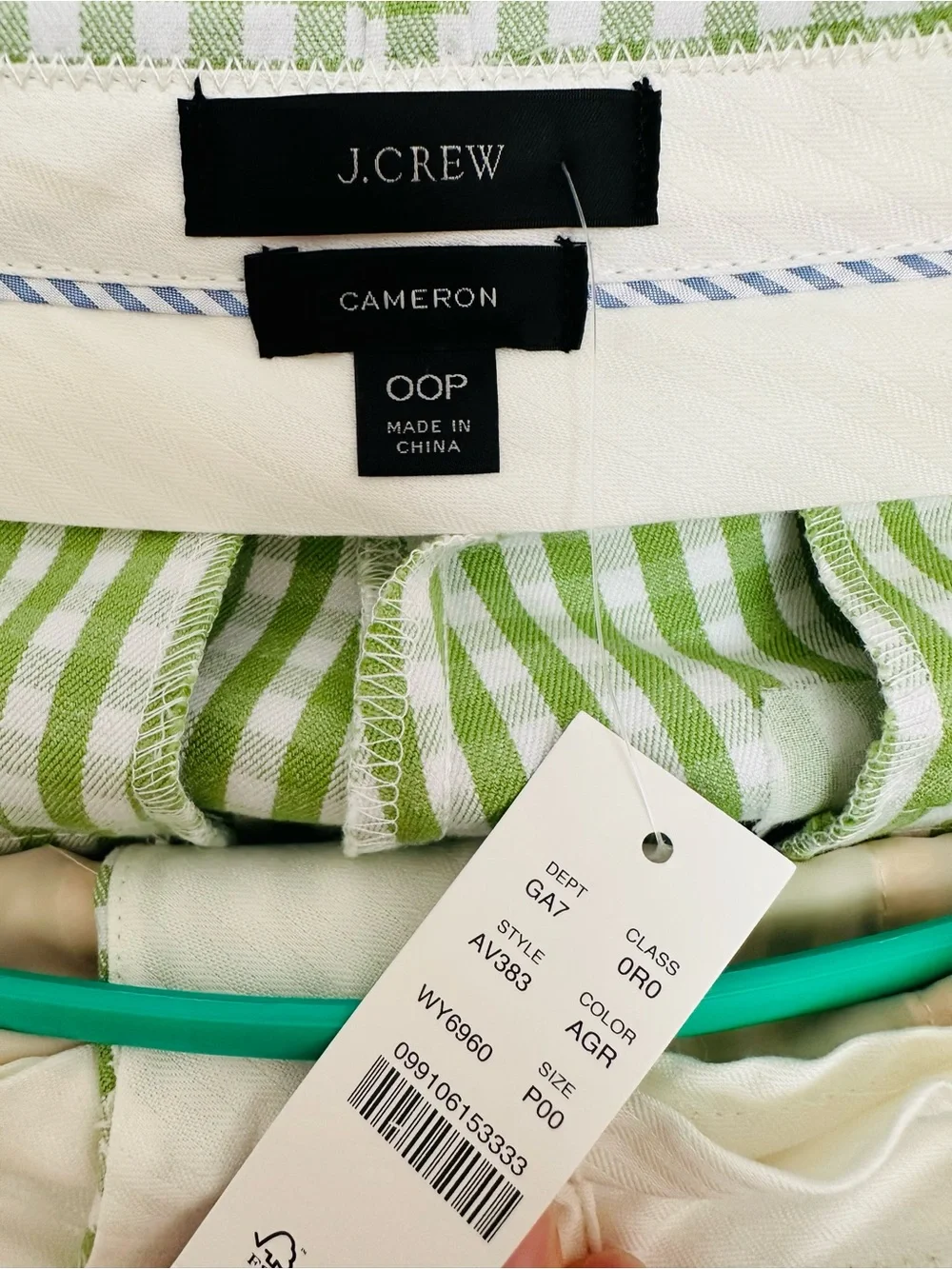 NWT J Crew Size 0 Green Gingham Check Cameron Pants Bi Stretch Cotton Cropped